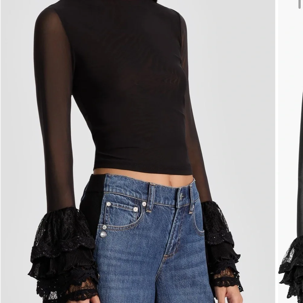 Alice + Olivia Sheer Black Blouse with Lace Bell Sleeves Size Large NEW - Picture 6 of 7